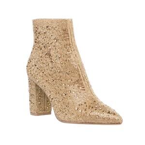 Betsey Johnson 8.5 Gold Crystal Cady Ankle Boots Block Heel Booties Pointed Toe